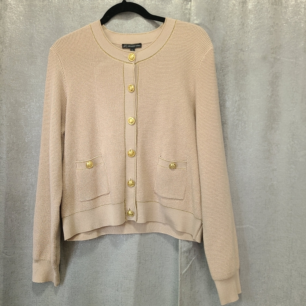 Adrianna Papell Champagne Blush Crew Neck Tipped Pointelle Cardigan Sweater NWT‎